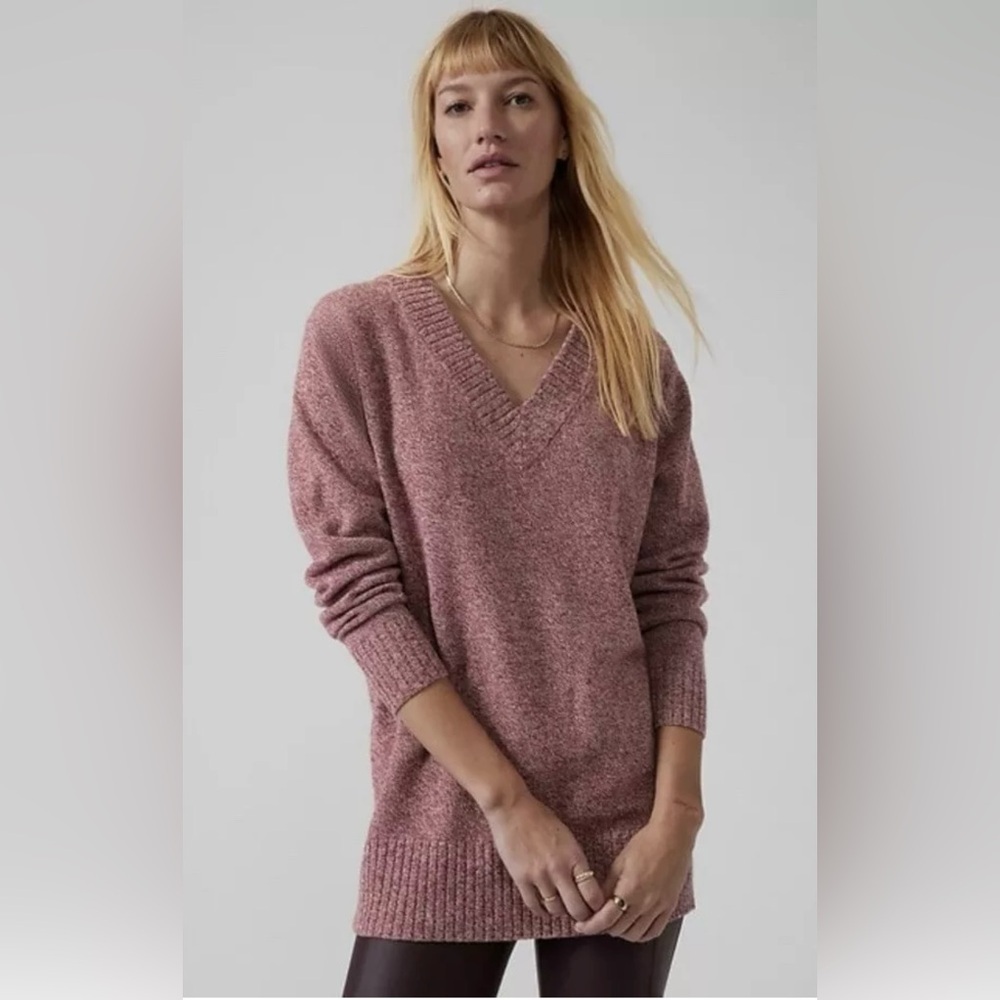 Athleta Vital V-Neck Tunic Wool Cashmere Sweater Maroon/ White Marl Size Small